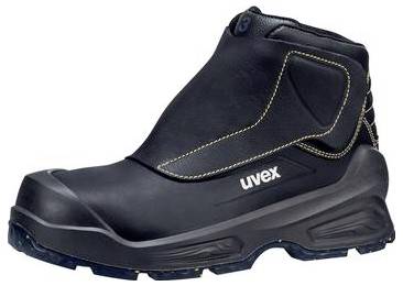 Schwarzer UVEX Hochschaft-Sicherheitsstiefel mit robuster Sohle und genähtem Schaft, in Seitenansicht auf weißem Hintergrund dargestellt.
