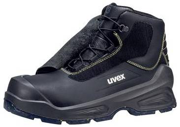 Schwarzer hochschaftiger Sicherheitsstiefel mit Schnürsenkeln und robuster Sohle, in Seitenansicht auf weißem Hintergrund abgebildet, mit der Marke "uvex".