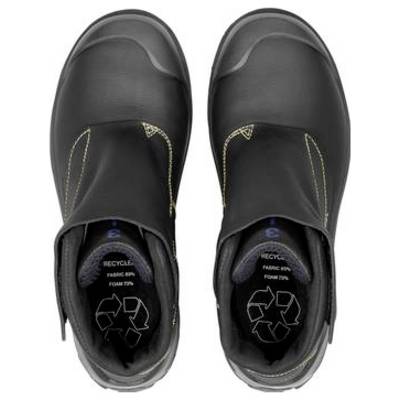 Paar schwarze Slipper-Arbeitsschuhe von oben betrachtet, mit sichtbaren Einlegesohlen aus recyceltem Schaumstoff.