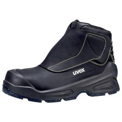 Schwarzer Uvex High-Top-Sicherheitsarbeitsstiefel mit dicker Profilsohle und genähtem Seitenpanel auf weißem Hintergrund.
