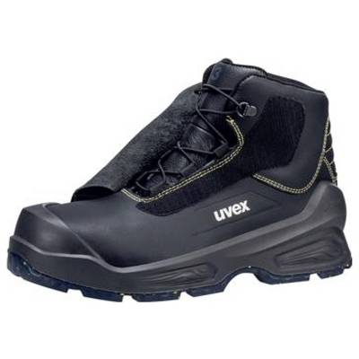 Schwarzer Uvex Sicherheitsstiefel in hoher Ausführung mit Schnürverschluss, dicker Profilsohle und verstärkter Zehenkappe, auf weißem Hintergrund dargestellt.