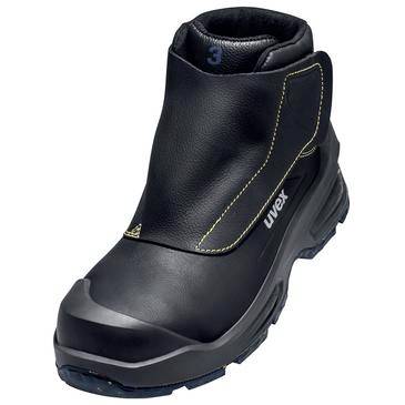 Schwarzer Uvex-Sicherheitsstiefel mit hohem Knöchelschaft und Schutzkappe an der Spitze, auf weißem Hintergrund abgebildet.