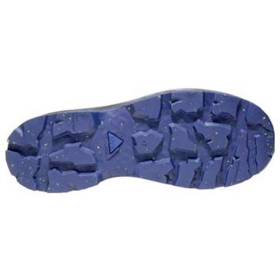 Blaue Schuhsohle mit robustem Profilmuster und dreieckiger Pivotmarkierung auf weißem Hintergrund.