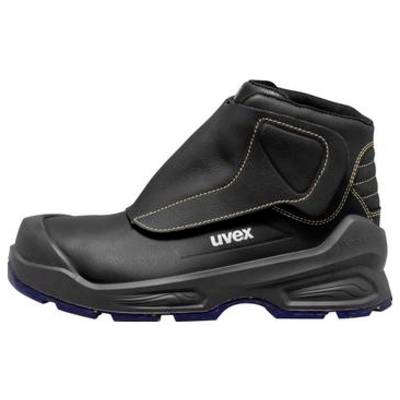 Schwarzer Uvex Sicherheitsstiefel mit hohem Schaft und robuster Sohle, in Seitenansicht auf weißem Hintergrund dargestellt.