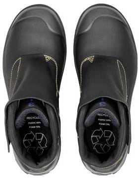 Draufsicht auf ein Paar schwarze Slip-On-Schuhe, die recycelte Innensohlen mit einem Recycling-Symbol zeigen.
