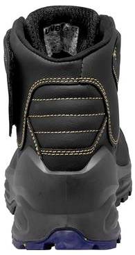 Schwarzer Wanderstiefel von hinten gezeigt, mit gepolstertem Kragen, gestepptem Fersenbereich und robuster Sohle.