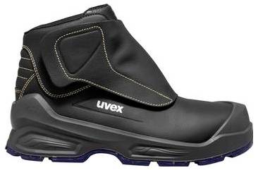 Schwarzer Uvex-Sicherheitsstiefel mit Knöchellasche und robuster Sohle, in Seitenansicht auf einem schlichten weißen Hintergrund gezeigt.