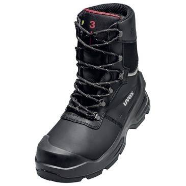Schwarzer Uvex Schnürarbeitsstiefel mit verstärkter Zehenkappe und Knöchelstütze, dargestellt auf weißem Hintergrund.