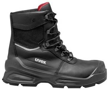 Schwarzer hoher Sicherheitsstiefel mit Schnürsenkeln und rotem Futter, Seitenansicht auf weißem Hintergrund, Marke „uvex".