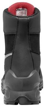 Schwarzer Wanderstiefel von hinten gezeigt, mit rot gepolstertem Kragenfutter und robuster profilierter Sohle.