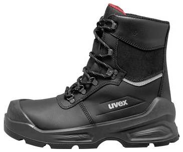 Schwarzer hoher Sicherheitsarbeitsstiefel mit Schnürverschluss, dicker profilierter Sohle und "uvex"-Logo an der Seite.
