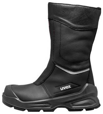 Schwarzer Sicherheitsstiefel mit mittlerer Wadenhöhe, dicker Sohle und Uvex-Logo, in Seitenansicht auf weißem Hintergrund dargestellt.