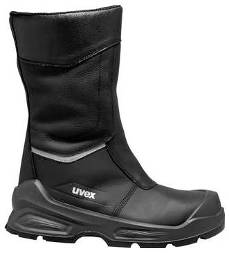 Schwarzer Uvex-Sicherheitsstiefel mit hohem isoliertem Schaft, verstärkter Kappe und dicker robuster Sohle, in Seitenansicht auf weißem Hintergrund gezeigt.
