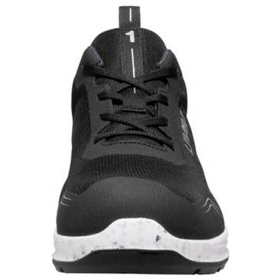 Schwarzer sportlicher Sneaker in Vorderansicht gezeigt, mit Schnürsenkeln, weiß gesprenkelter Mittelsohle und Zuglaschen gekennzeichnet mit '1'.