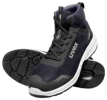 Schwarzer und weißer athletischer Arbeitsschuh, gezeigt mit einem Schuh aufrecht und der Sohle des anderen sichtbar; "uvex"-Branding an der Seite.