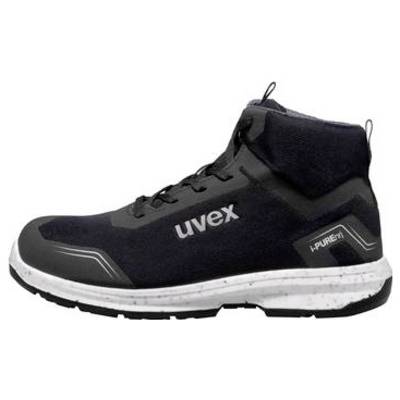 Schwarzer hoher Uvex-Arbeitssicherheitsstiefel mit weiß gesprenkelter Sohle und "i-PUREnrj"-Branding an der Seite.