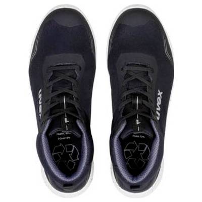 Paar schwarze Sportschuhe von oben betrachtet, zeigend Schnürsenkel, weiße Sohlen und Öko-Recycling-Symbole auf den Einlegesohlen.