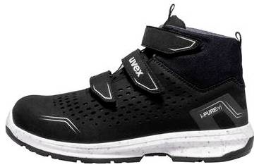 Schwarzer hoher Sicherheits-Sneaker mit weißer Sohle, perforierten Obermaterial und zwei Klettverschlussriemen, in Seitenansicht auf weißem Hintergrund gezeigt.