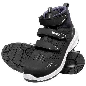 Schwarzer UVEX Arbeits-Sportschuh mit drei Klettverschlussbändern, gezeigt mit sichtbarer Sohle.