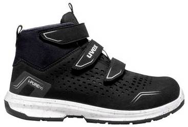 Schwarzer hoher Sneaker mit weißer Sohle und Klettverschlussgurten, gezeigt in Seitenansicht auf weißem Hintergrund.