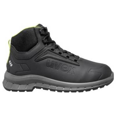Schwarzer Uvex High-Top Sicherheitsstiefel mit Schnürsenkeln und grauer Sohle, in Seitenansicht auf weißem Hintergrund gezeigt.