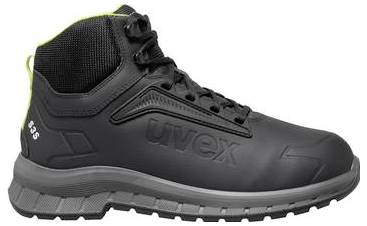Schwarzer Uvex-Arbeitssicherheitsstiefel mit hohem Schaft und Schnürsenkeln, robuste graue Sohle und Seitenlogo auf weißem Hintergrund.