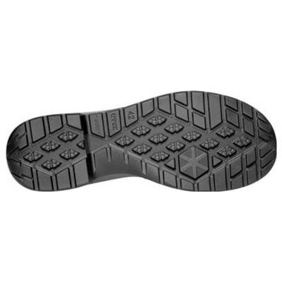 Schwarze Gummistiefel-Sohle von unten gesehen, mit tiefem Profilmuster und sechseckigen Griffbereichen.