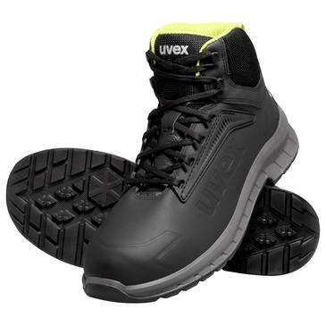 Schwarzer Uvex Sicherheitsstiefel mit hohem Schaft, neongelber Manschette und robuster Profilsohle, auf weißem Hintergrund dargestellt.