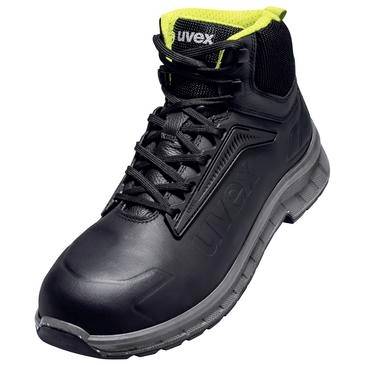 Schwarzer hoher Sicherheitsstiefel mit gelbem Futter und "uvex"-Logo, dargestellt auf weißem Hintergrund.