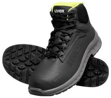 Schwarzer hoher Arbeits-Sicherheitsstiefel mit gelbem "uvex"-Branding, gezeigt mit sichtbarer Profilsohle vor weißem Hintergrund.