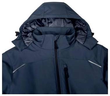 Dunkelblauer Kapuzenpullover mit Reißverschluss, hohem Kragen und reflektierendem Saum, Vorderansicht auf weißem Hintergrund.
