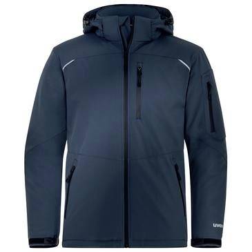 Marineblauer Kapuzenzipjacke mit mehreren Reißverschlusstaschen und reflektierenden Akzenten, Vorderansicht auf einfachem Hintergrund.