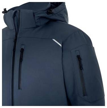 Nahaufnahme einer dunkelblaunen Jacke mit Kapuze, Frontreißverschluss, Brusttasche und Tasche am Ärmel