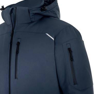 Dunkelmarineblauer Kapuzenjacke mit Reißverschlusstaschen an der Front und den Ärmeln sowie einem kleinen reflektierenden Streifen auf der Brust.