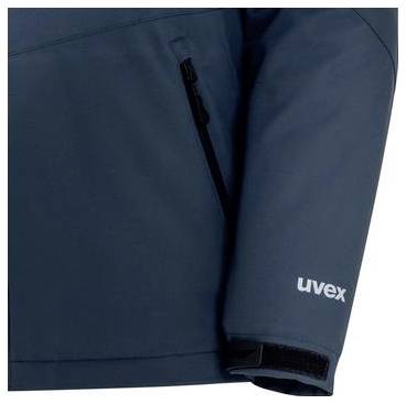 Dunkelblauer Jackettärmel mit schwarzem Reißverschluss und „uvex"-Logo auf der Manschette