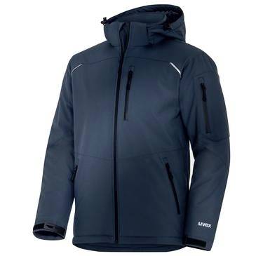 Marineblau gefütterte Winterjacke mit Kapuze, mehreren Reißverschlusstaschen und reflektierendem Paspelbeatz, in Frontansicht auf weißem Hintergrund dargestellt.