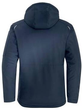 Dunkelblauer Kapuzenjacke von hinten auf weißem Hintergrund gezeigt.