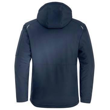Marineblaue Kapuzenjacke, Rückansicht auf einfachem weißem Hintergrund.