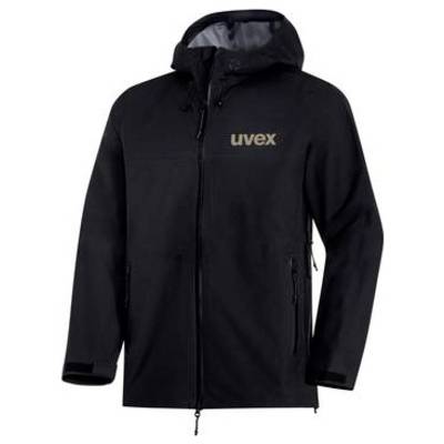 Schwarze Kapuzenjacke mit Reißverschluss und "uvex"-Logo auf der Brust, Vorderansicht auf weißem Hintergrund.
