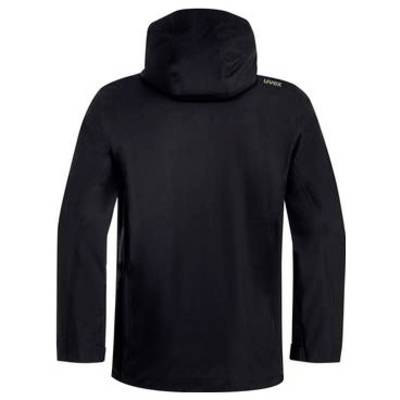 Schwarze Kapuzenjacke von hinten auf weißem Hintergrund gezeigt.
