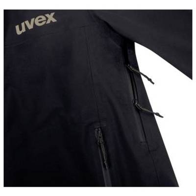 Schwarze Uvex-Jacke oder Softshell mit frontaler Reißverschlusstasche und seitlichen Zugkordeln, in Nahaufnahme gezeigt.