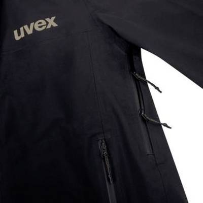 Schwarze uvex Jacke mit Frontverschluss und Seitentaschen, in Nahaufnahme vor weißem Hintergrund gezeigt.