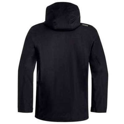 Schwarze Kapuzenjacke von hinten auf einfachem weißem Hintergrund gezeigt.