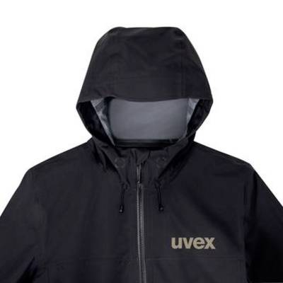 Schwarze Kapuzenjacke mit Frontreißverschluss und "uvex"-Logo auf der Brust, gezeigt vor einem weißen Hintergrund.