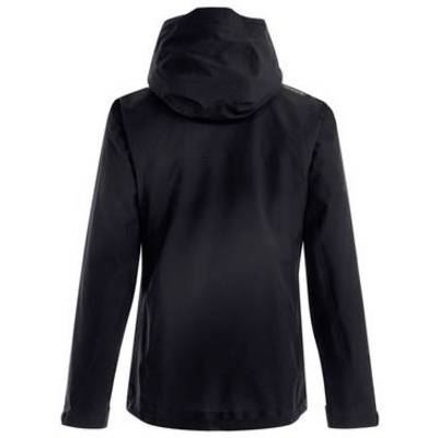 Schwarze Kapuzenjacke von hinten auf weißem Hintergrund gezeigt.