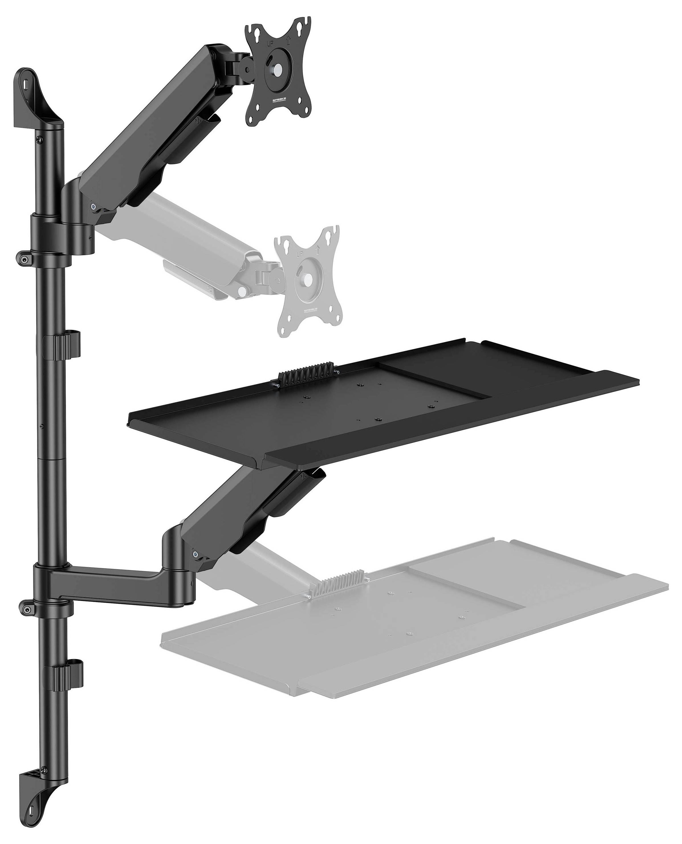 Wandmontierter verstellbarer Monitorarm mit Klemmplatten, dargestellt in schwarzer und grauer Position für Höhen- und Neigungsverstellung.
