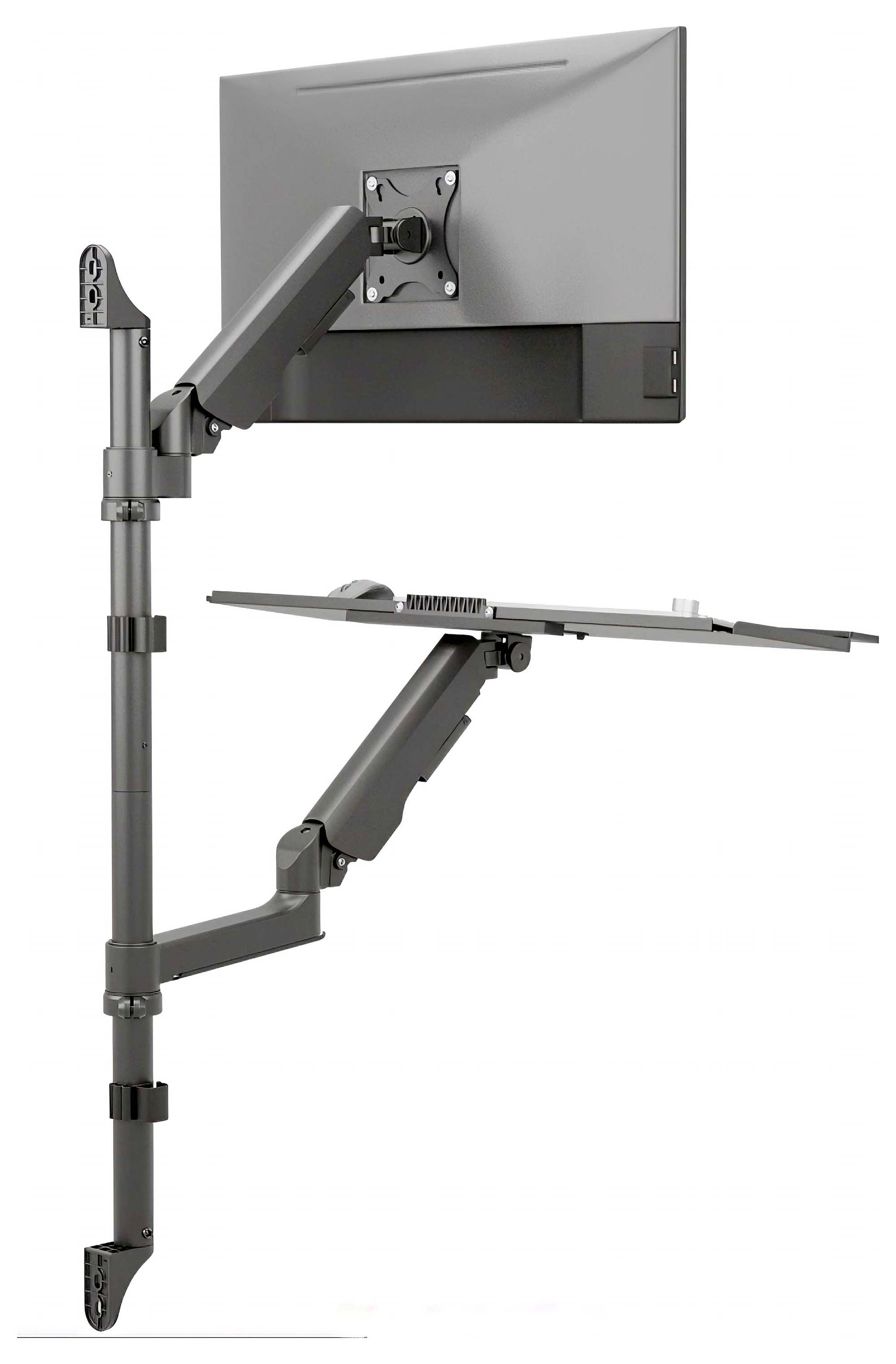 Verstellbarer Monitorarm mit wandmontierter Stange und separatem Tastaturablage, dargestellt in einer Seitenansicht-Hardwareproduktabbildung.