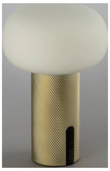 Strukturierte goldene zylindrische Tischlampe mit mattiertem ovalem Schirm und schwarzem Schalter in der Nähe der Basis.