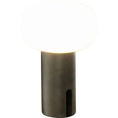 Nahaufnahme einer strukturierten zylindrischen Lampe oder eines Lautsprechers mit einer großen weißen abgerundeten Oberseite vor einem schlichten Hintergrund.