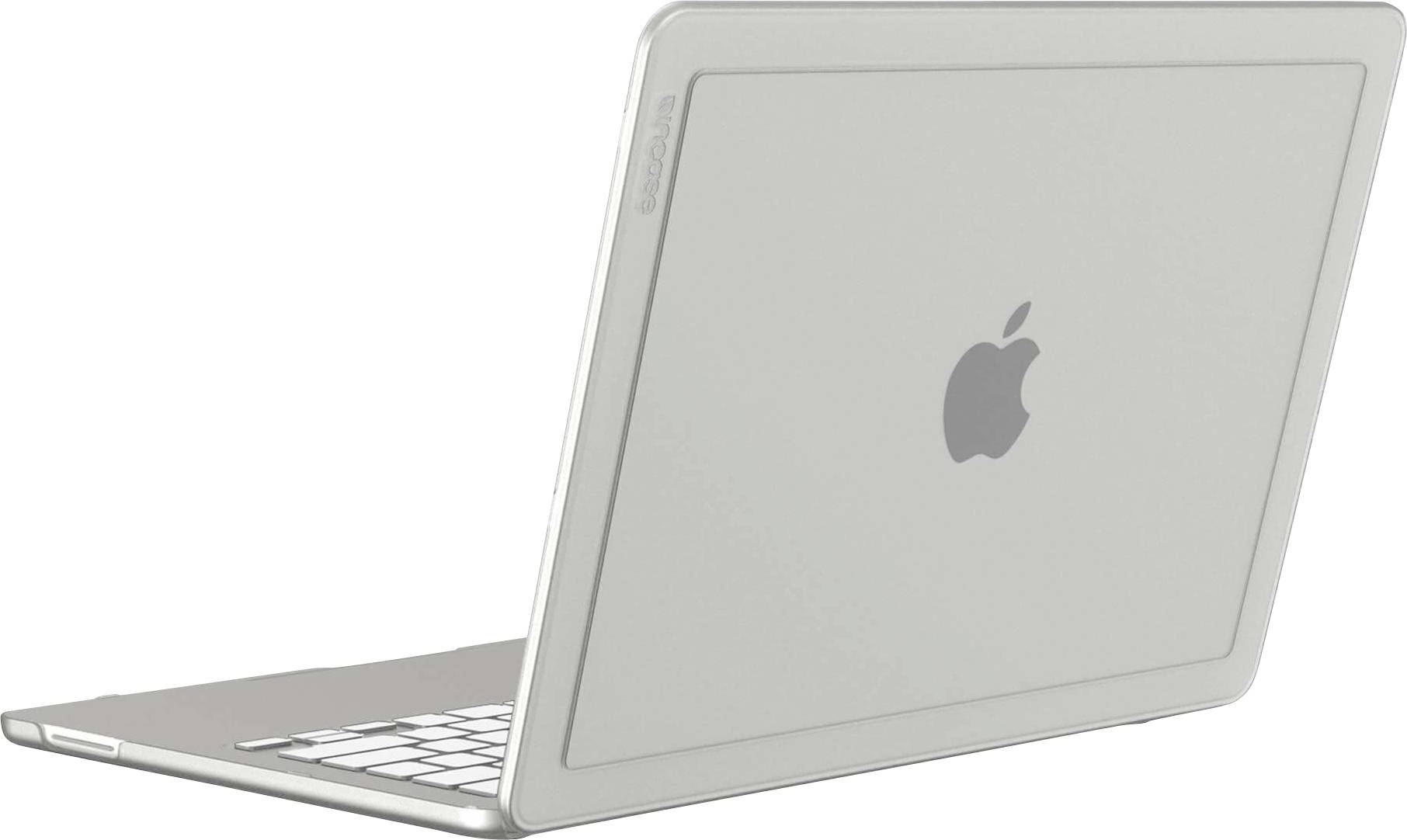 Silberner Apple MacBook Laptop, teilweise offen auf weißem Hintergrund, von hinten und von der Seite fotografiert mit sichtbarem Apple-Logo.